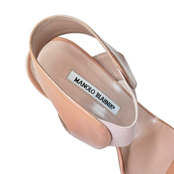 NWT Manolo Blahnik Sandals Sz 10 Nude Patent Leather Stiletto Heel Minimalist - Picture 13 of 14
